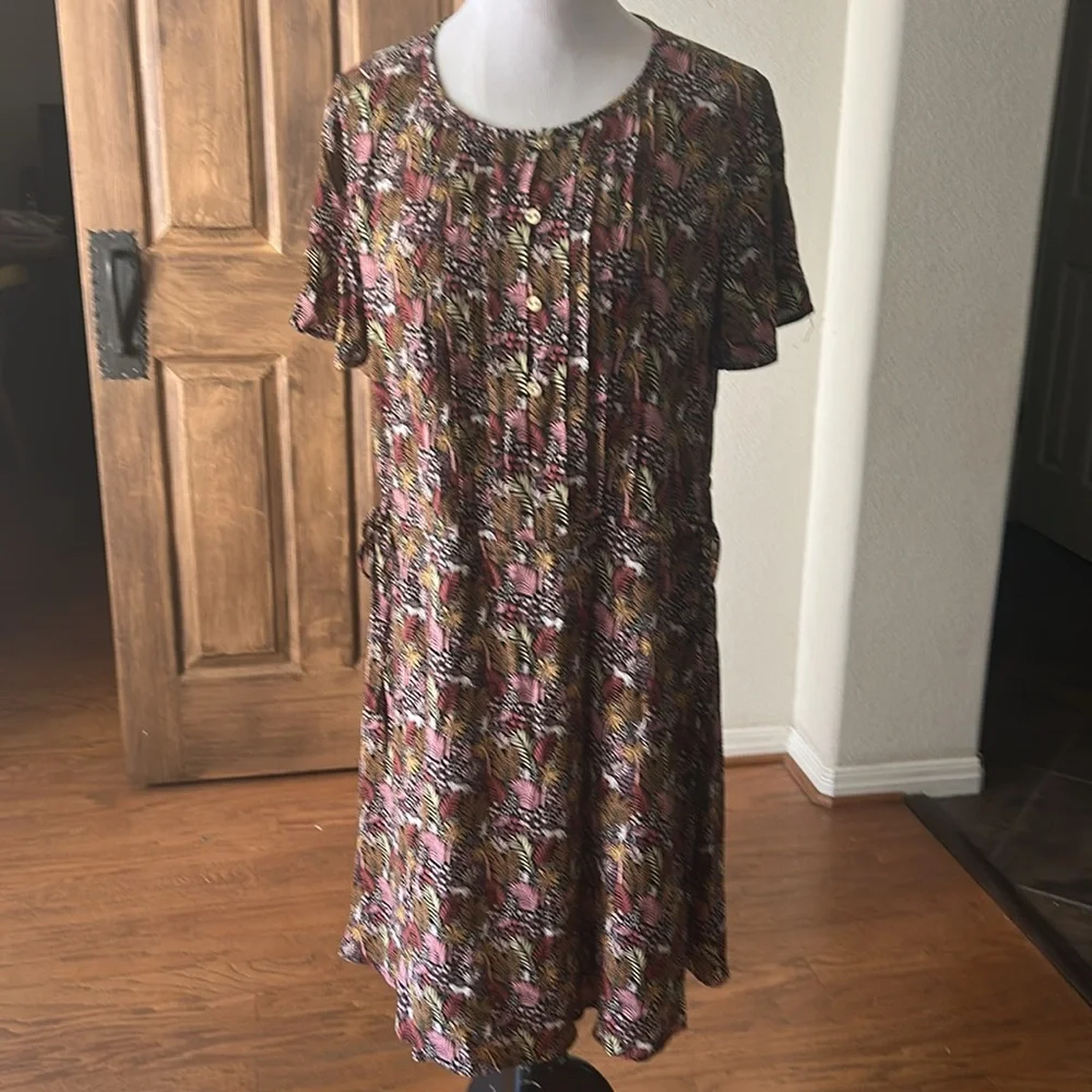Ann Taylor LOFT Paradise Lost Jungle Safari Dress Pintuck Size Large Brown Pink - Picture 8 of 13